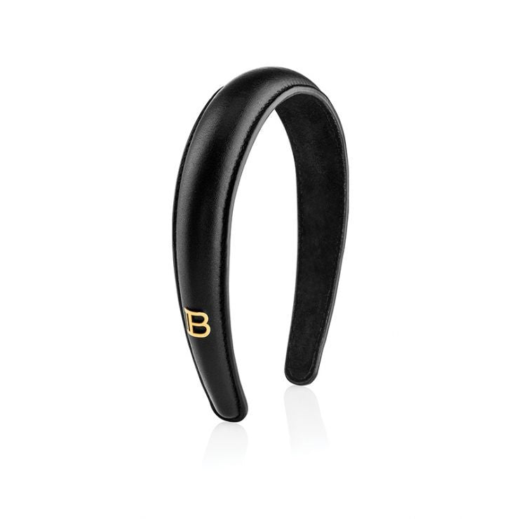 Black Leather Puffed Headband with Gold Plated Logo