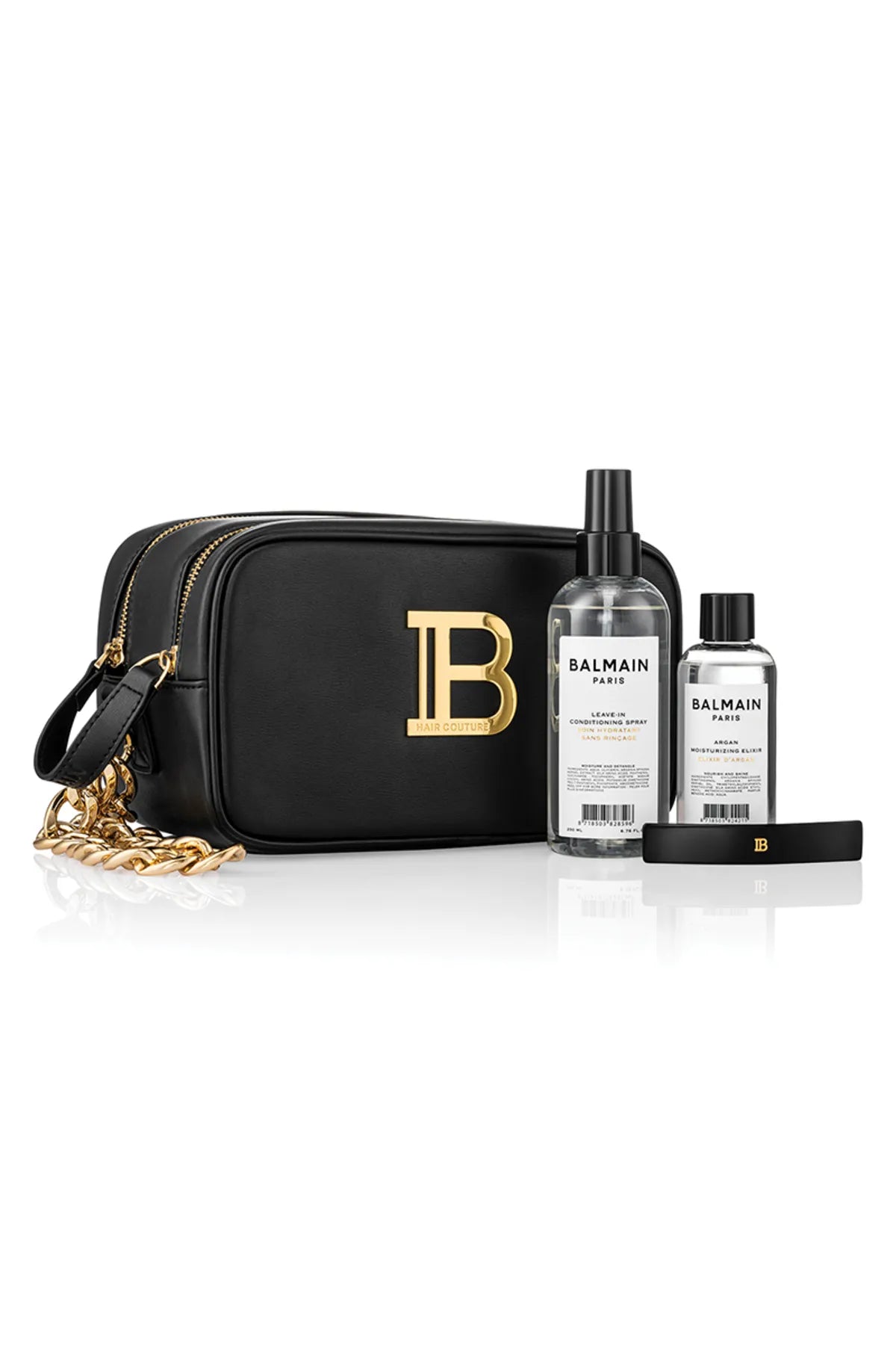 Toiletry Bag Black Gold (Leave in, Argan Elixir, Barrette Medium Black)